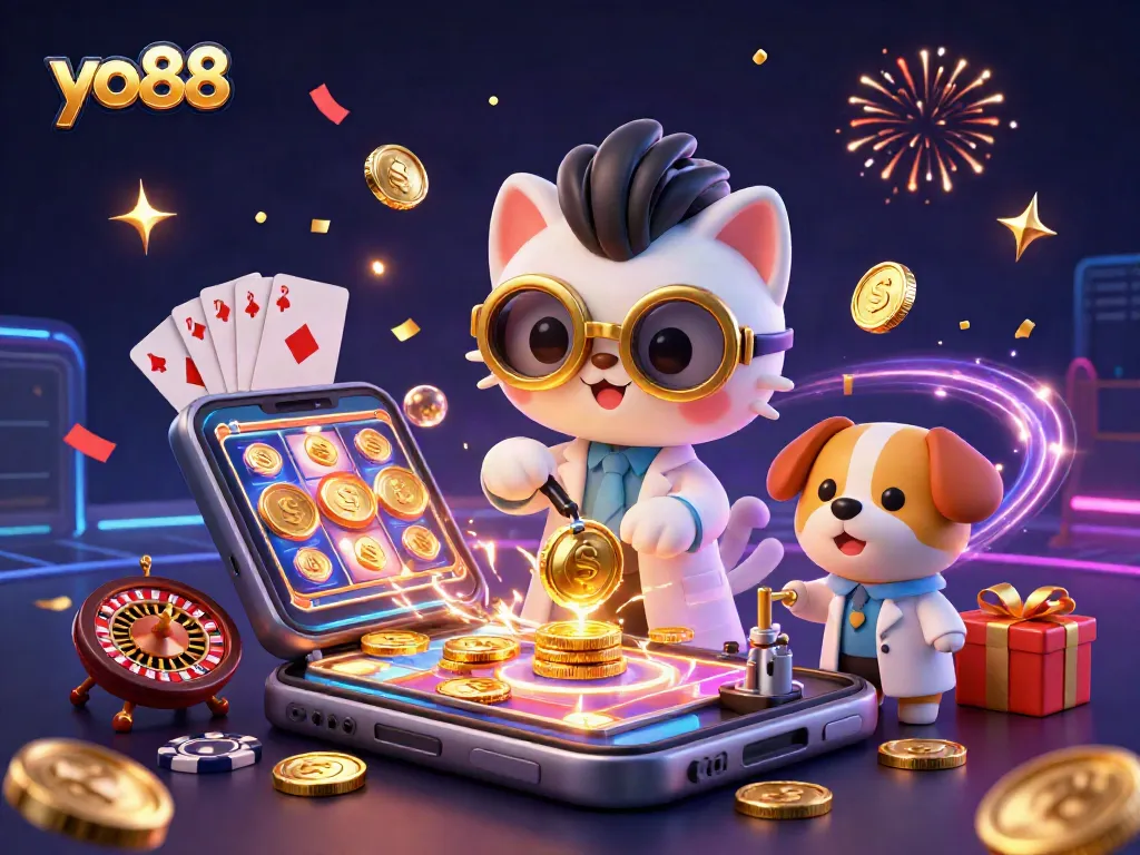 Experience exciting gaming with yo88 as a mad scientist cat and loyal dog create a gold-coin scene.