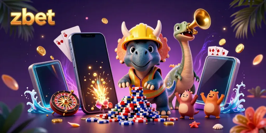Engage with exciting slot action at zbet featuring a triceratops and a vibrant casino scene.