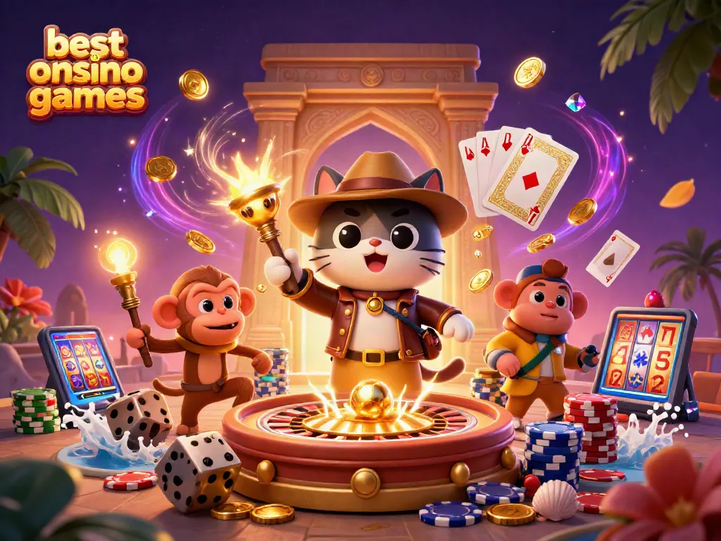Explore best online casino games with an adventurous cat and monkey in a vibrant 3D scene.