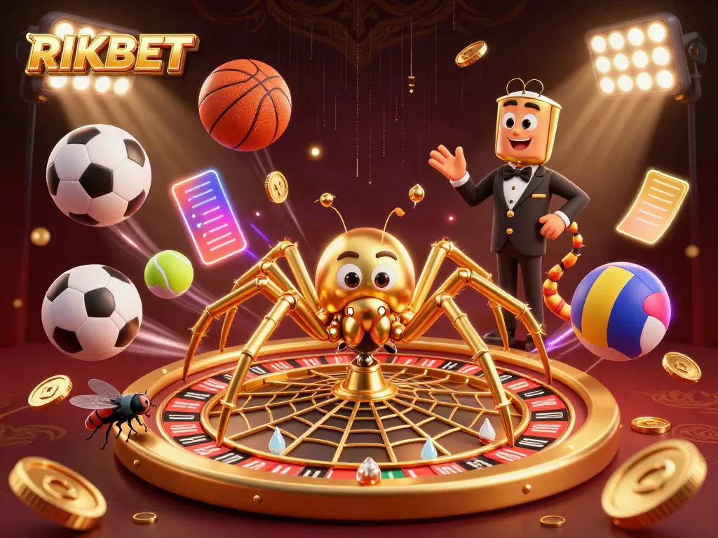 Experience thrilling gameplay at RIKBET with a dynamic 3D illustration of a golden spider spinning a roulette wheel.