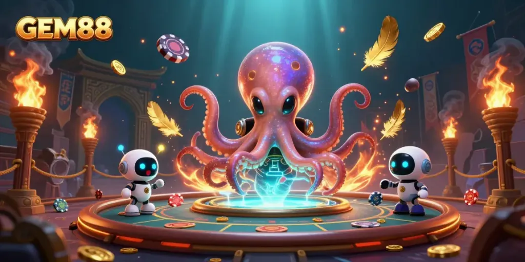 Experience thrilling wins at GEM88 with an alien octopus and robot companion at a holographic poker table.