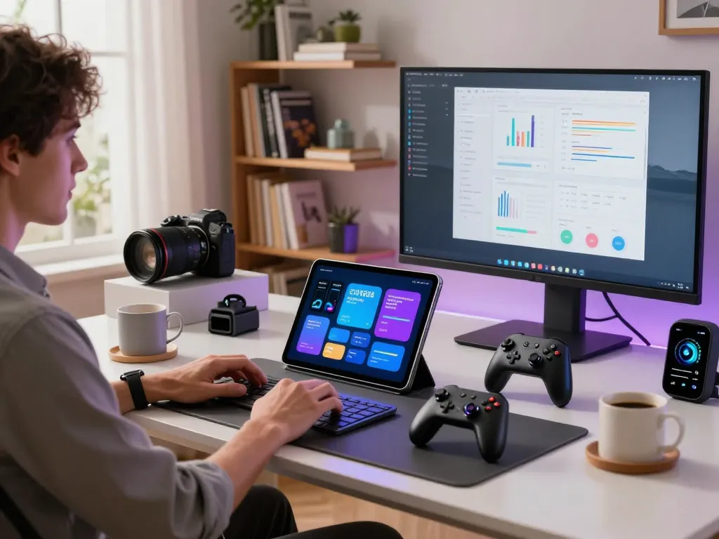 Workspace with latest tech gadgets 2088 like tablets and smartwatches, bright and modern.