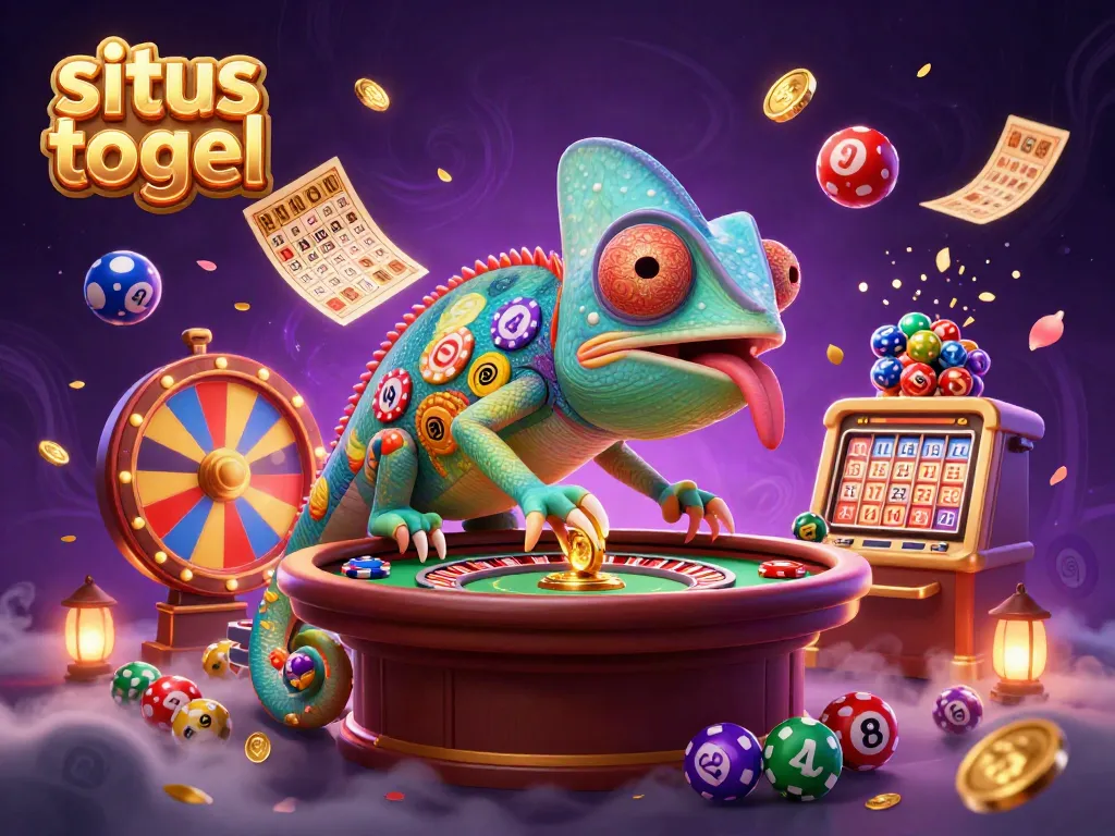 Catch the excitement of situs togel with a vibrant 3D chameleon casino owner surrounded by dynamic gaming elements.