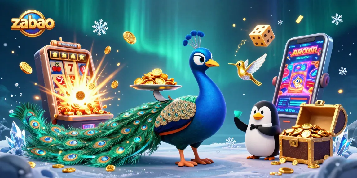 Experience the vibrant zaobao casino scene with peacock, penguin, and hummingbird surrounded by dynamic slot machines and golden treasures.