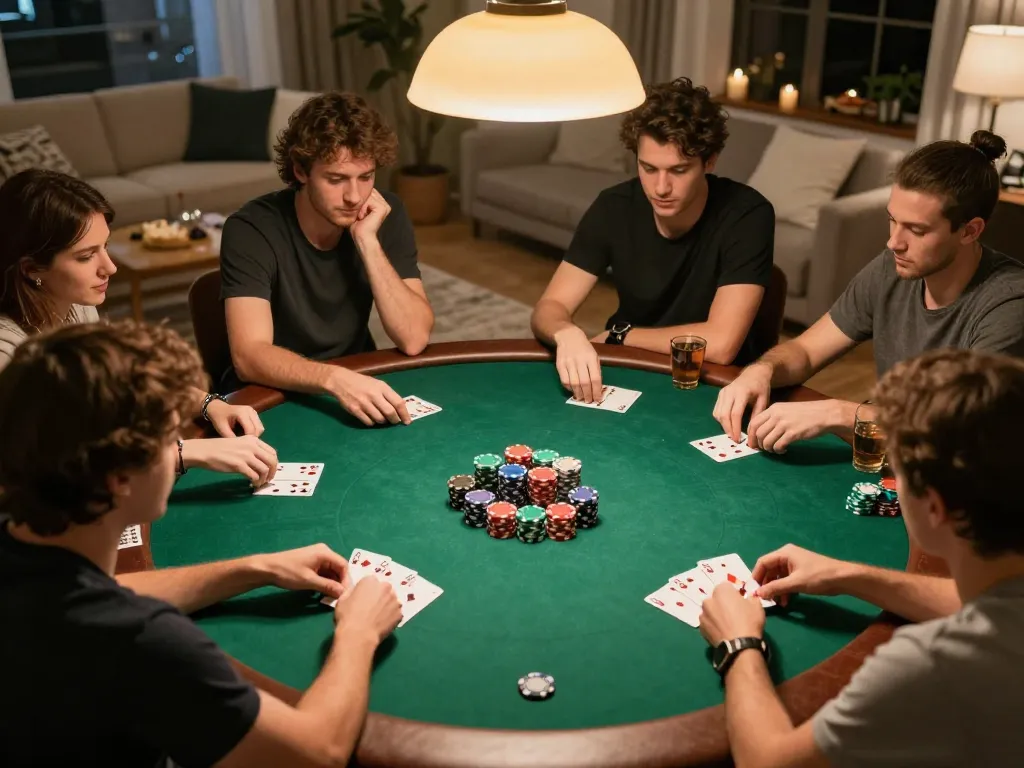 Players enjoying an exciting home poker night at FA88VN, showcasing vibrant chips and hands on a felt table