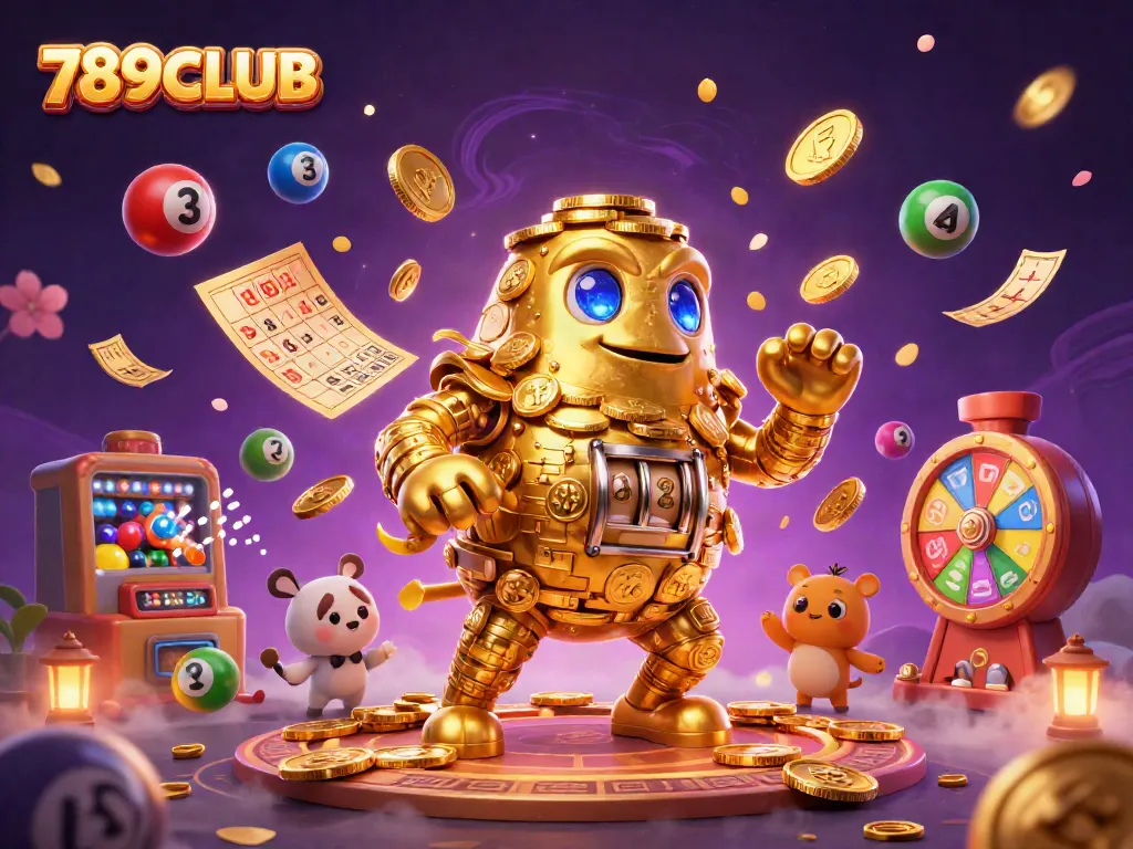 Experience the excitement of winning at 789CLUB with colorful themed casino elements surrounding a dynamic golden golem.