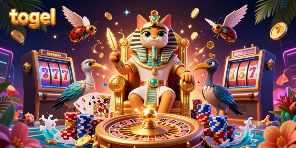 Engage in thrilling togel excitement with vibrant characters amidst dynamic casino elements.