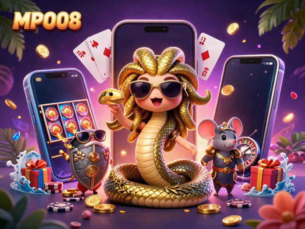 MPO08 illustrates slot gaming with friendly Medusa, a mouse warrior, and exciting game elements.