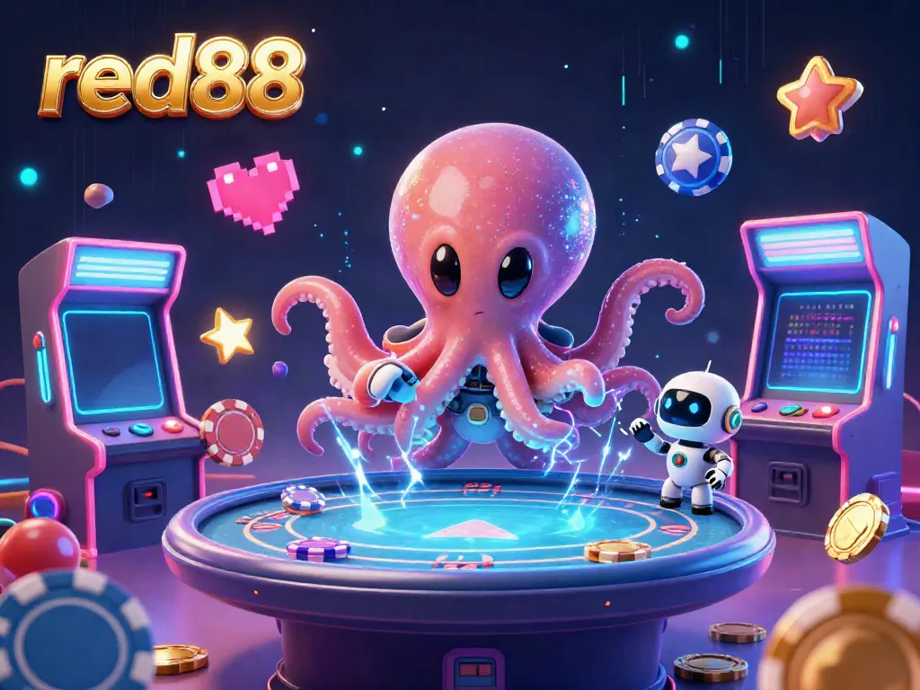 Experience the vibrant cosmic casino scene featuring red88 with an alien octopus and vivid gaming elements.