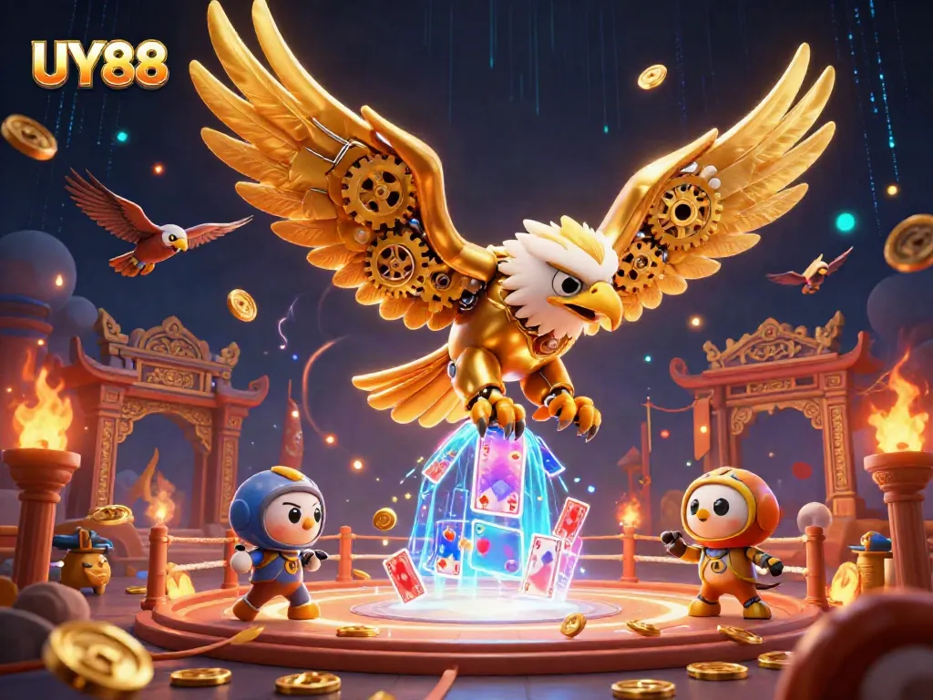 Experience thrilling gameplay with UY88 featuring a cybernetic eagle among holographic cards.