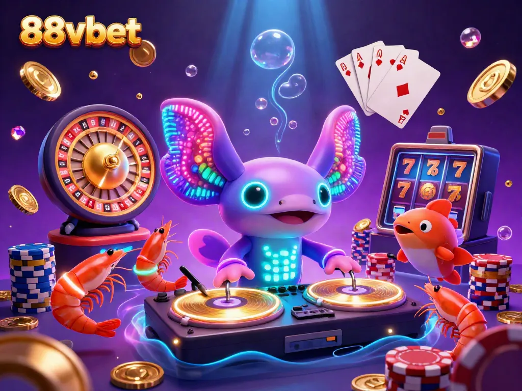 Experience the excitement of 88vbet with a vibrant 3D carnival scene showcasing a DJ axolotl and lively casino games.