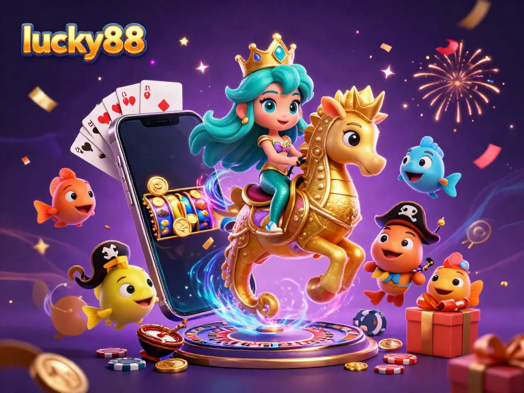 Experience the excitement of lucky88 with a lively scene of characters celebrating around a casino theme.