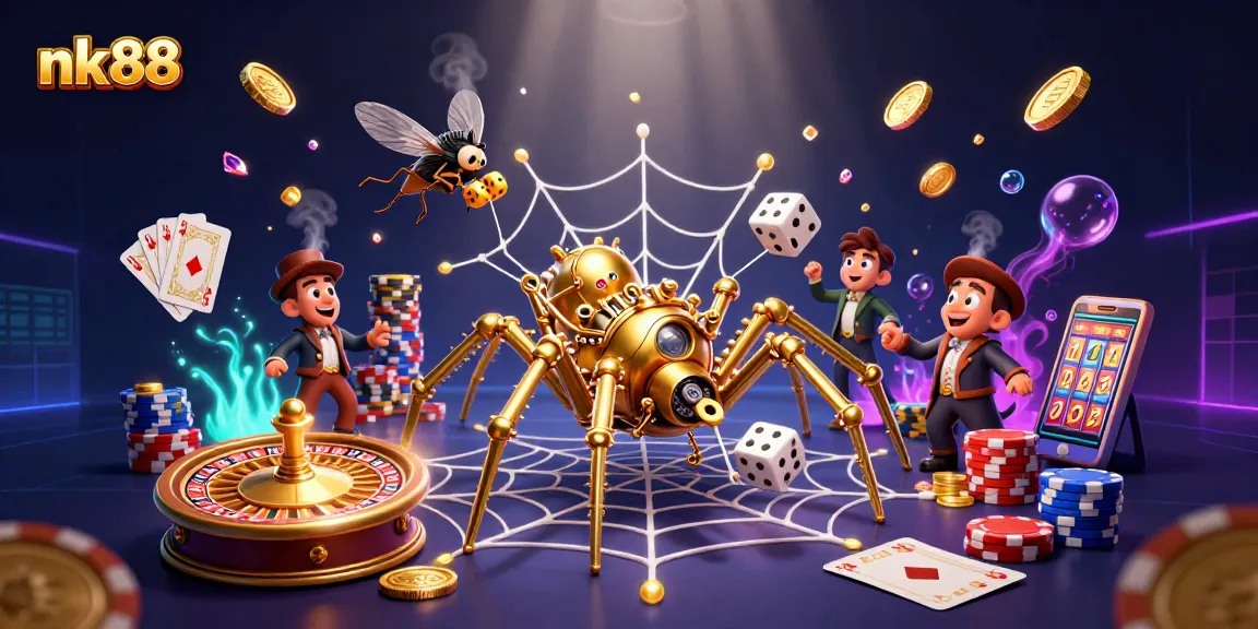 Engage in thrilling gameplay at nk88 with golden coins, roulette wheels, and vibrant poker chips all around.