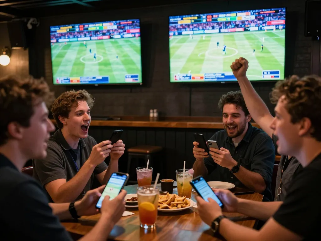 Engaged sports bettors at a lively venue celebrating wins with hidobasketgoztepe betting apps in use