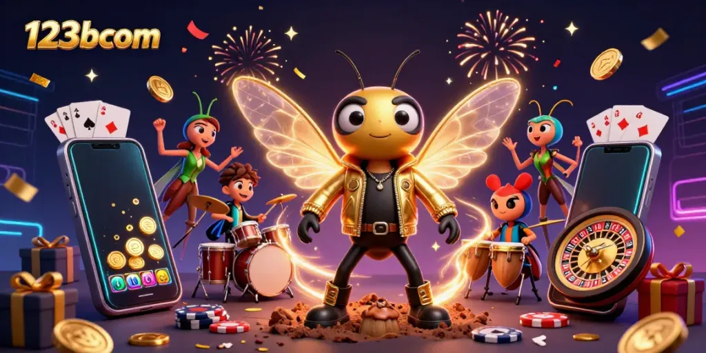 Experience the thrill of 123bcom with an animated casino illustration showcasing characters and vibrant gaming elements.