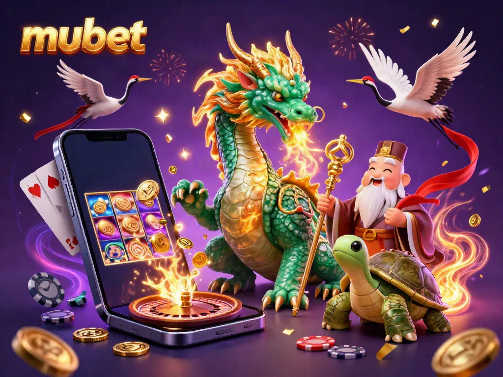 Experience thrilling casino adventures with mubet featuring a vibrant jade dragon, turtle sage, and dynamic gaming elements.