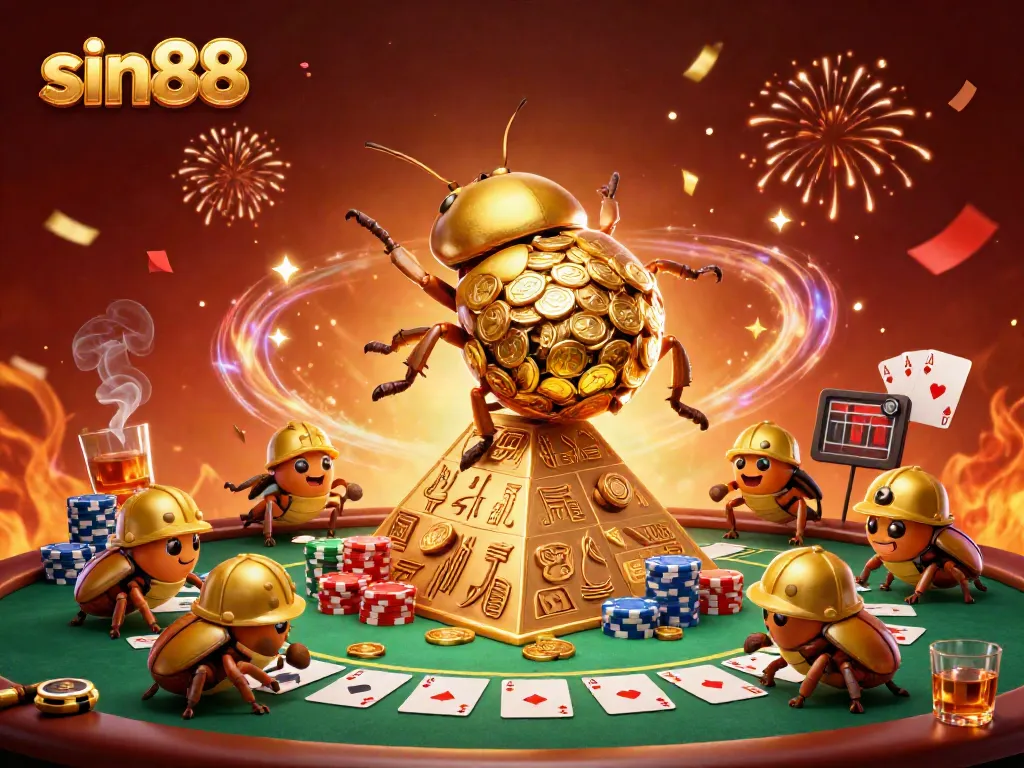 Experience sin88 with a whimsical 3D scene of beetles and gambling symbols, showcasing vibrant casino action.