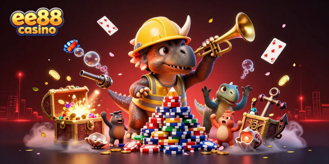Celebrate wins at ee88 casino with fun 3D characters building poker chips and gems!