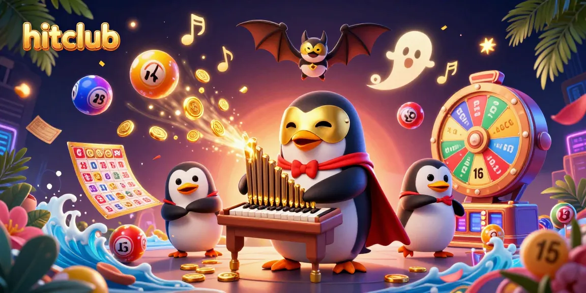 Hitclub entertains players with a vibrant scene of a penguin organist and colorful lottery balls.