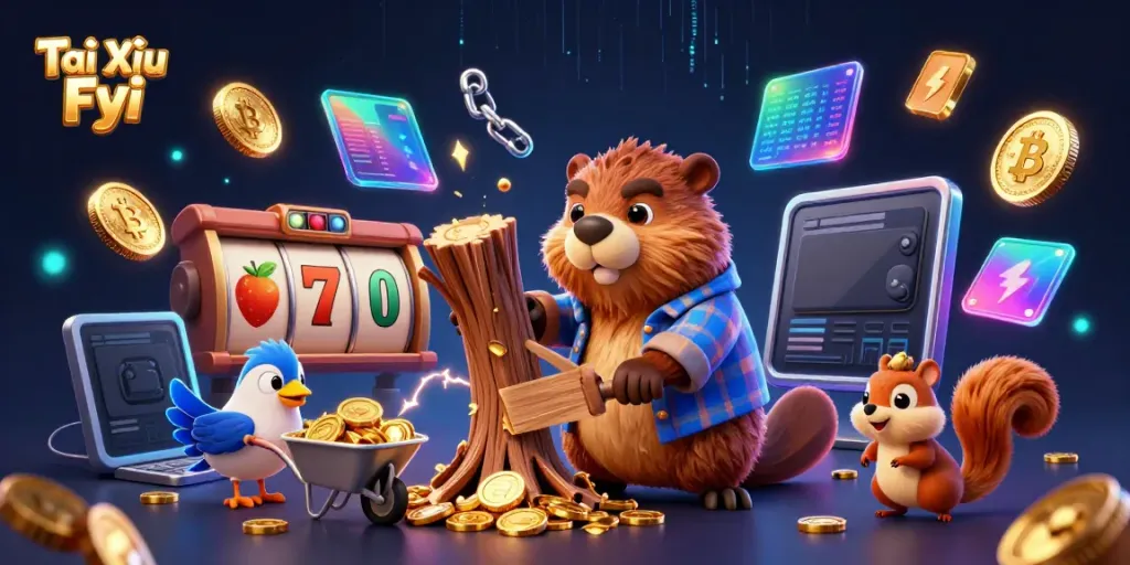Tài Xỉu Fyi features a lively cartoon scene with a beaver and squirrel collecting coins in a casino setting.