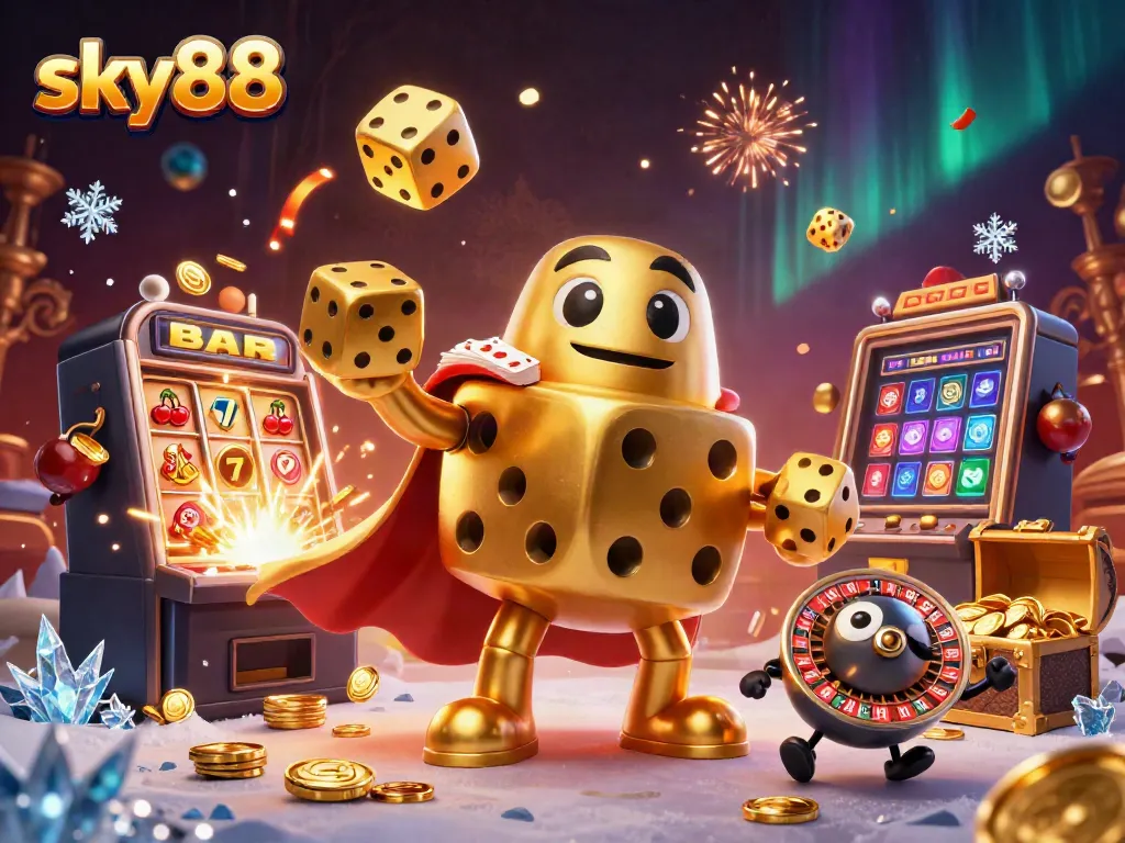 Experience sky88’s vibrant gaming scene with golden dice, slot machines, and rich casino elements.