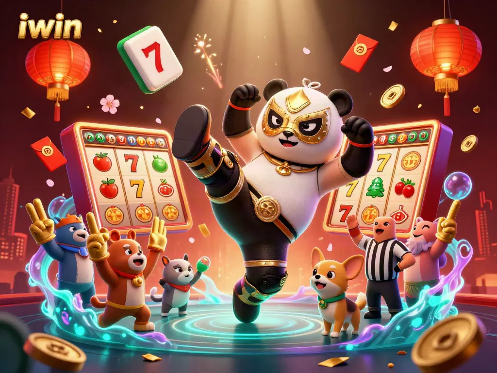 iwin showcases a thrilling casino scene with a panda soaring and vibrant slot elements.