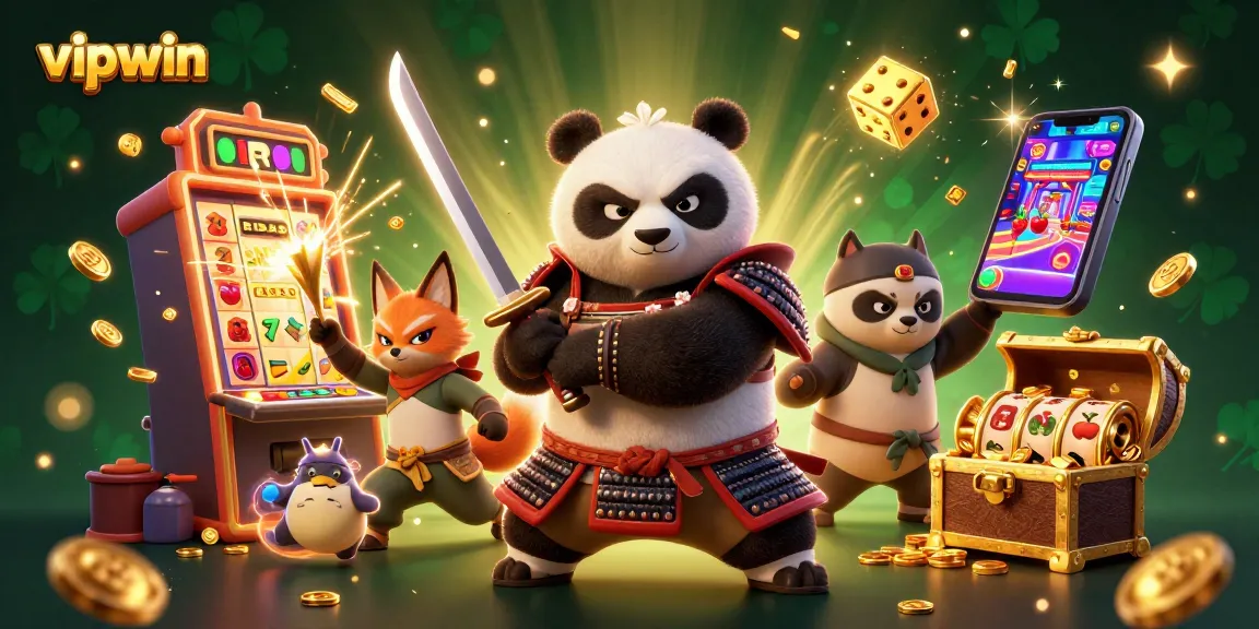 Engage in thrilling gameplay with vipwin's vibrant casino adventure illustration featuring samurai panda and slot machines.