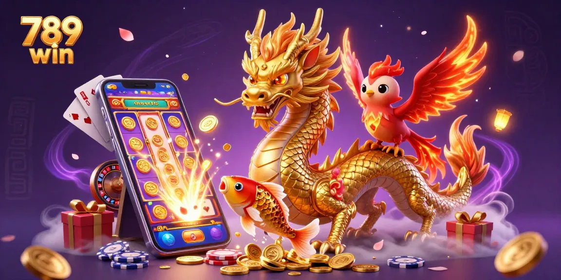 Experience thrilling gameplay with 789 win as a golden dragon and phoenix soar above vibrant casino elements.