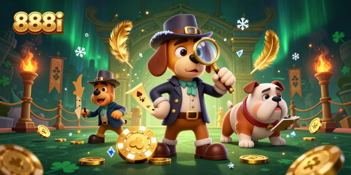 Engage with 888i's thrilling casino adventure featuring a detective and bulldog uncovering treasure.