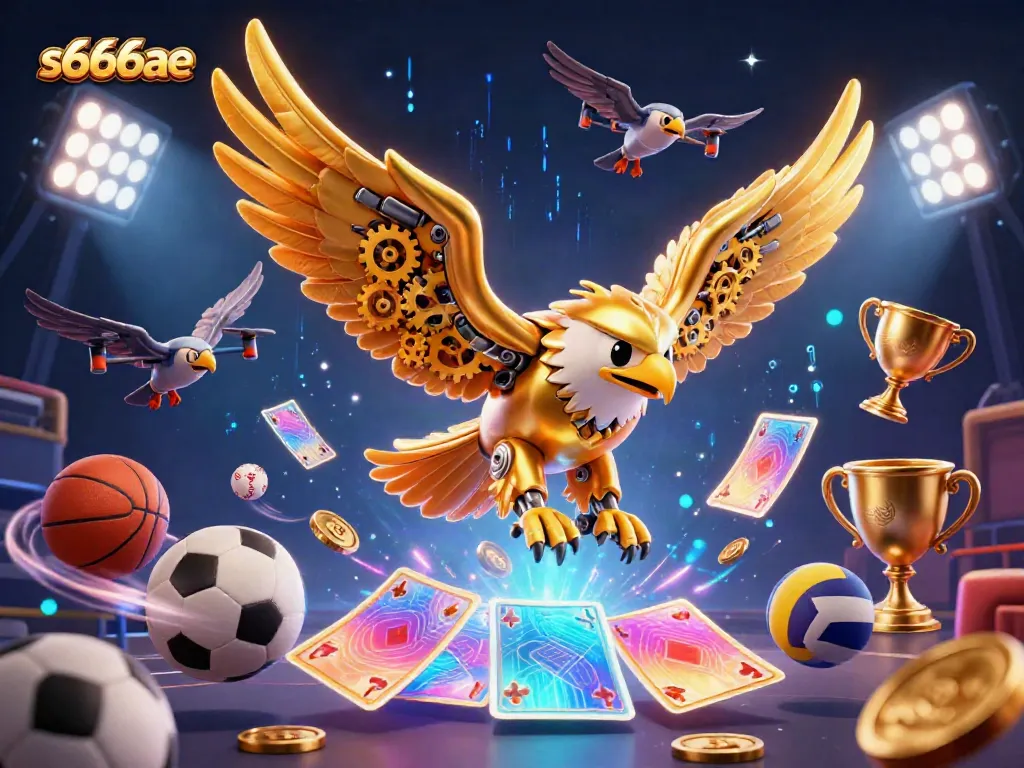 Experience thrilling casino adventures with s666ae's 3D golden eagle diving through holographic cards.