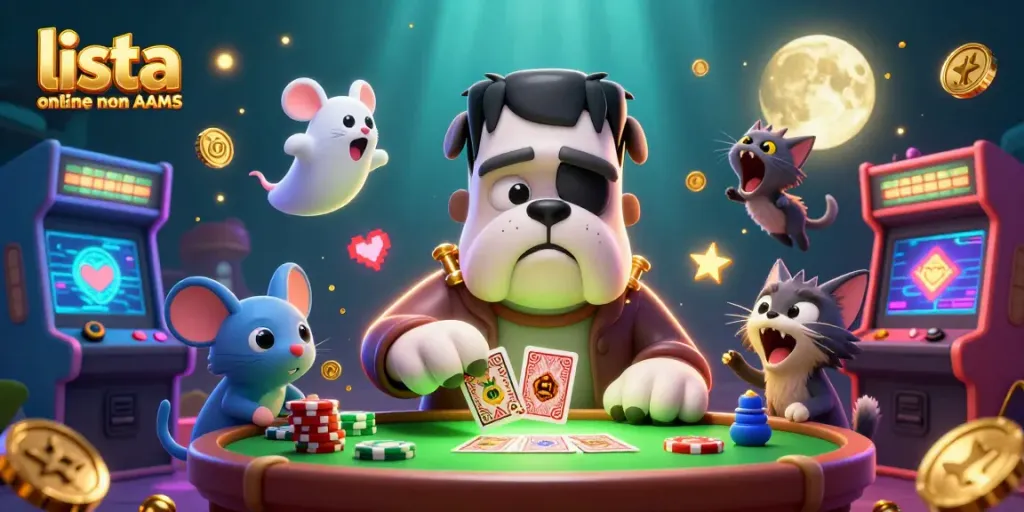 Carte in gioco nei migliori casino online non AAMS con un bulldog Frankenstein e un gattino lupo.