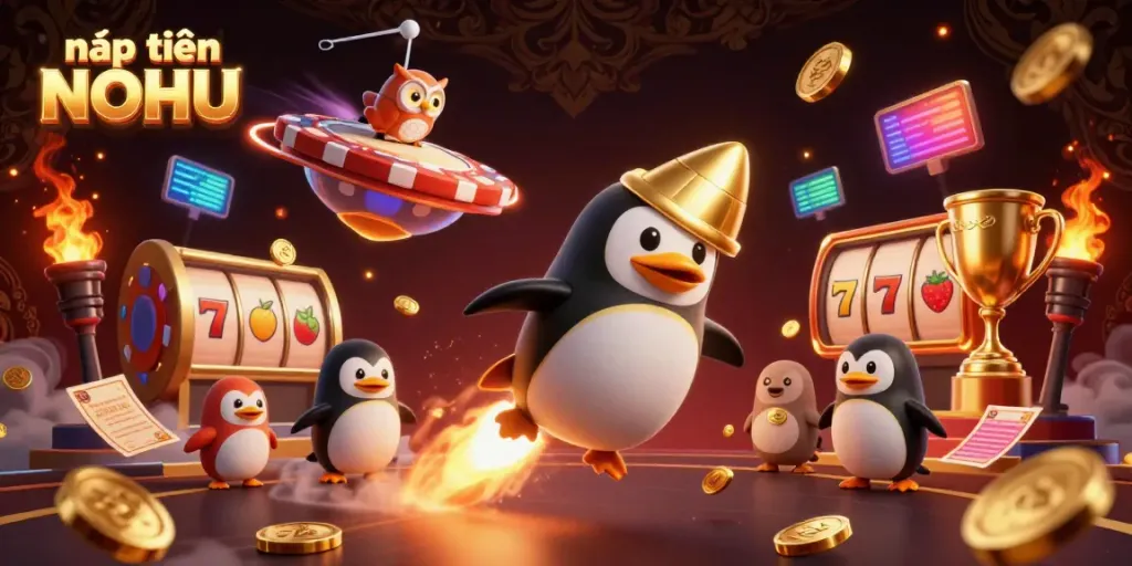 Experience nạp tiền NOHU with a golden penguin in a thrilling casino space adventure featuring dynamic gambling elements.