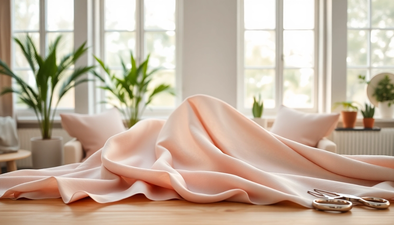 Viscose stof dat elegant over een tafel hangt, met zachte pastelkleuren die warmte uitstralen.