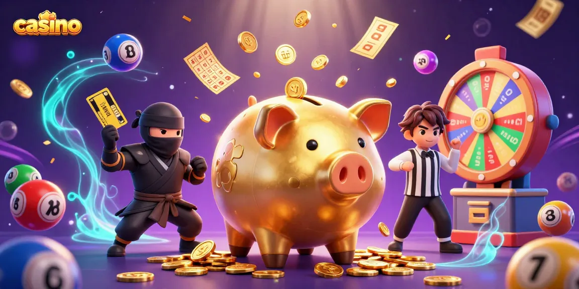 Engage with casino action featuring a golden piggy bank sumo wrestler battling with vibrant game elements.