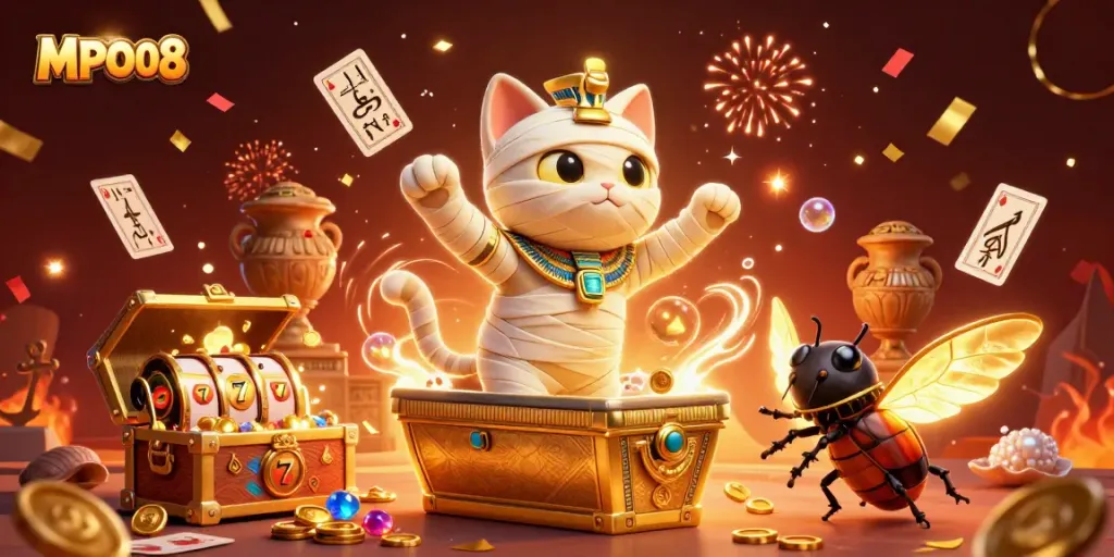 MPO08 showcases the dynamic energy of a casino with a cartoon mummy cat, glowing scarab, and slot elements.