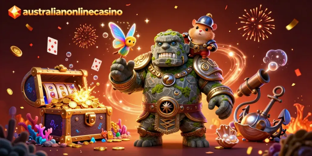 Engaging scene illustrating the australianonlinecasino experience with dynamic casino elements and magical characters.