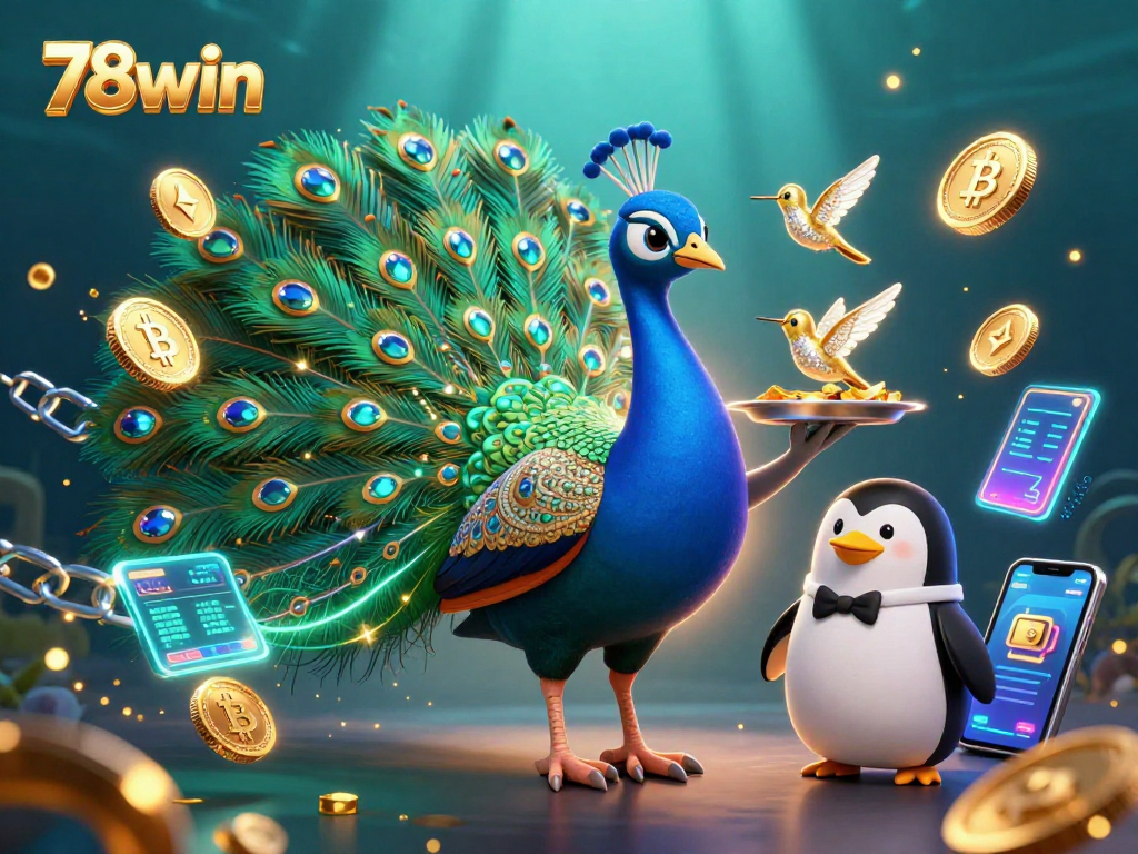 Engage in exciting gameplay at 78win with gaming elements amidst peacock and penguin characters.