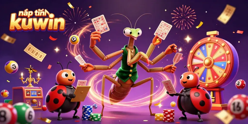 nạp tiền kuwin with vibrant casino characters and dynamic game elements celebrating excitement