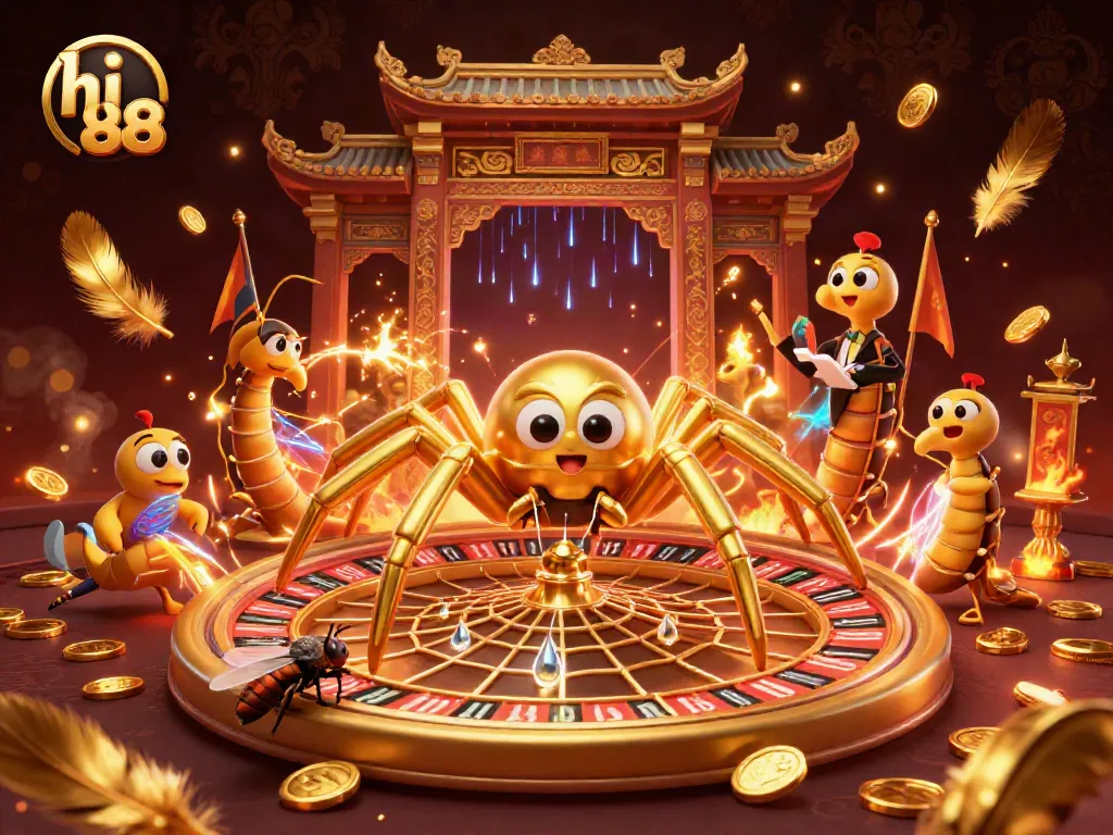 Place your bets at hi 88 while a golden spider spins the roulette wheel web in this vibrant illustration.