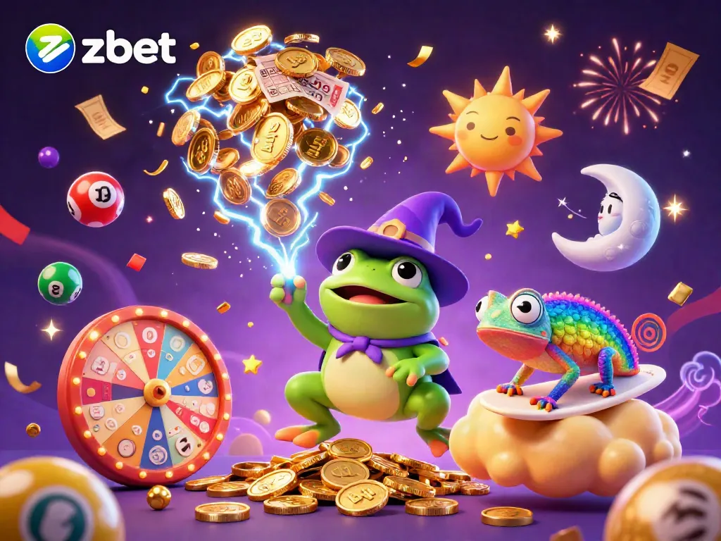 Experience the thrill of zbet with a vibrant 3D casino scene featuring a wizard frog and rainbow chameleon.