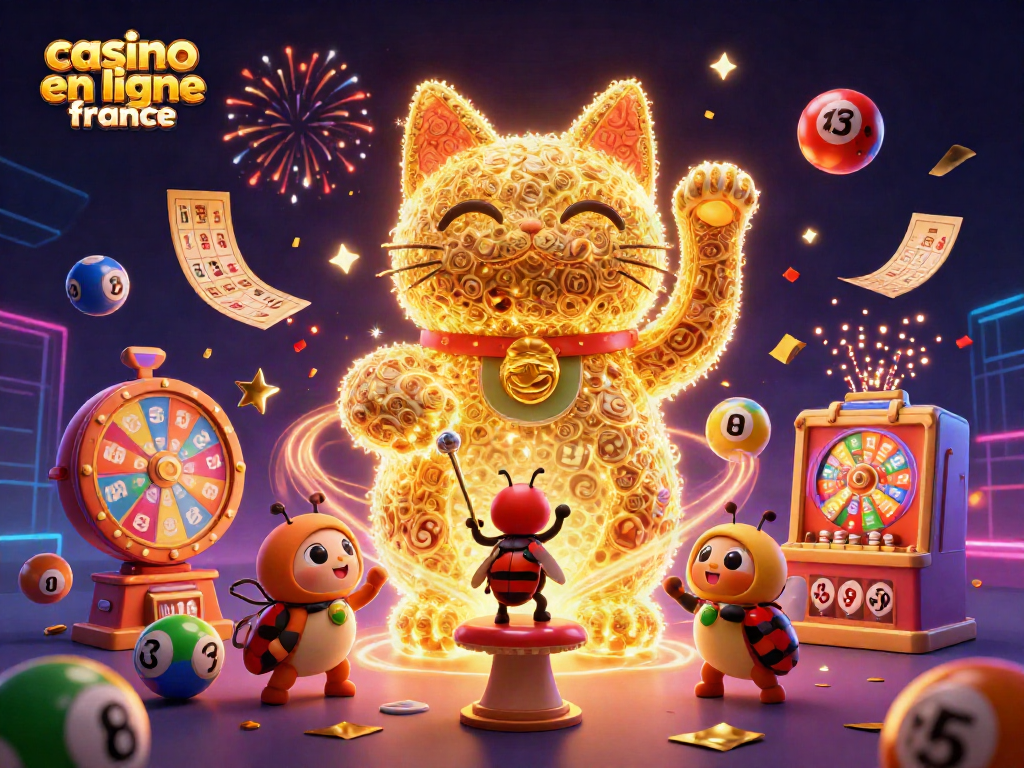 Découvrez le casino en ligne France avec des symboles de jeux variés dans une illustration animée.