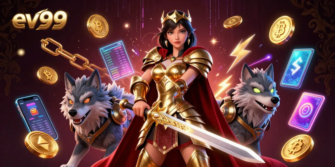 Win big at ev99 with epic battles featuring a warrior queen and armored wolf amidst glowing cryptocurrencies.