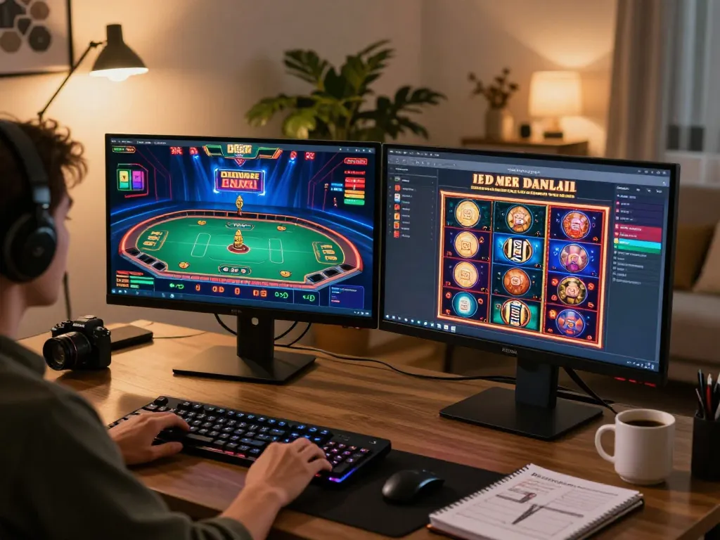 Player navigating 8kbet16 online casino website on dual monitors, showcasing engaging gambling experience.