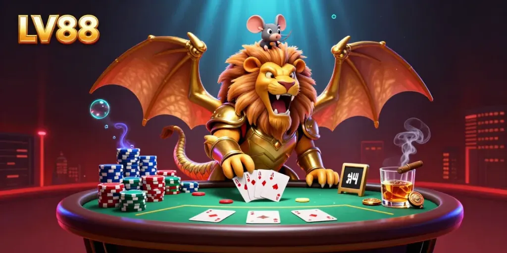 Experience the excitement of LV88 with a roaring chimera and poker elements in this vibrant casino illustration.