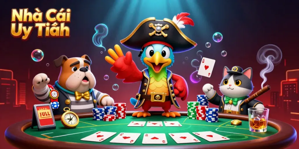 Engage with Nhà Cái Uy Tín in this vibrant, dynamic 3D scene filled with gambling elements and characters.