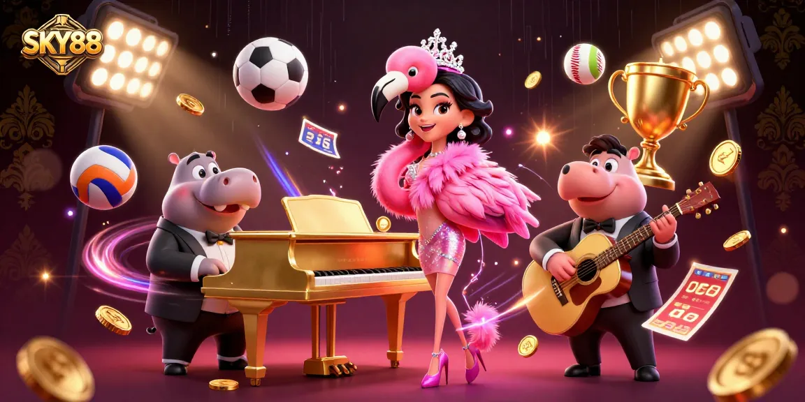 Experience thrilling gameplay at SKY88 with vibrant characters and dynamic sports elements in a lively casino scene.
