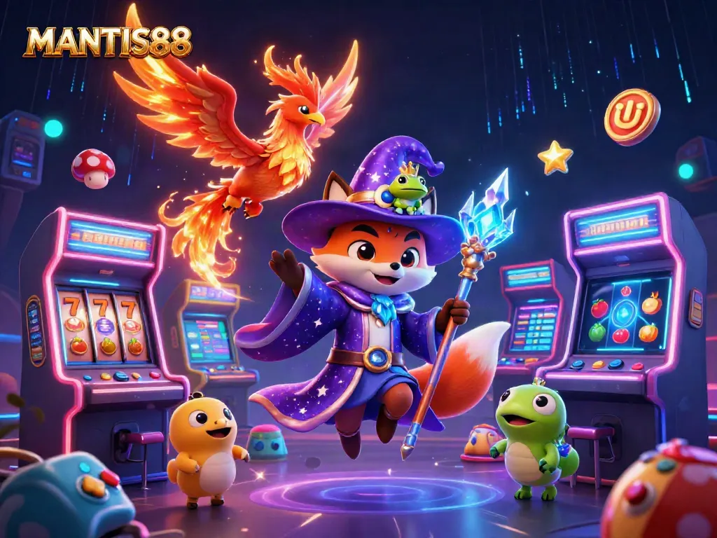 MANTIS88 showcases a whimsical gaming scene with a wizard fox, phoenix, and vibrant slot machines.