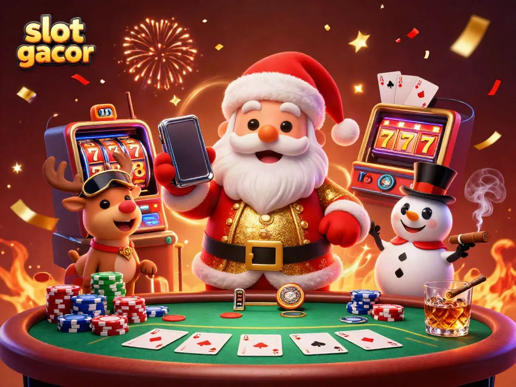 Experience thrilling winnings with slot gacor game elements, featuring cheerful characters in a dynamic casino scene.