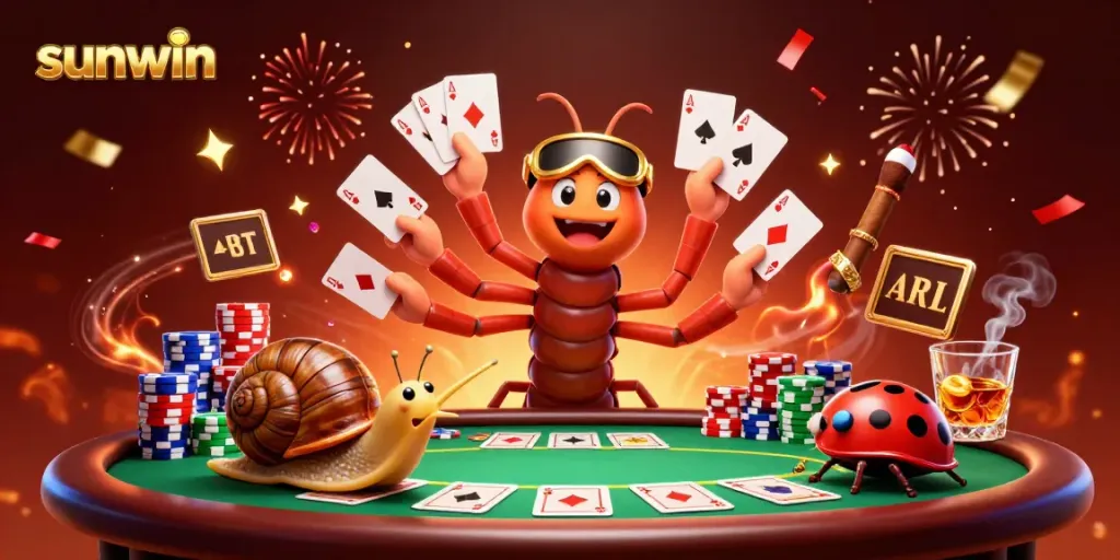 Experience thrilling gameplay at Sunwin with the animated millipede dealer showcasing various cards.