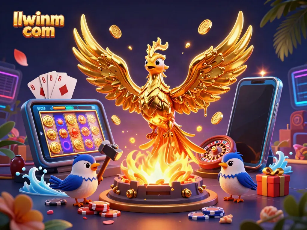 Experience golden winnings with llwinm com's casino games showcased in this vibrant 3D illustration.